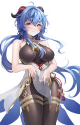 Rule 34 | 1girl, ahoge, bare arms, bare shoulders, bell, blue hair, blush, bodystocking, breasts, closed mouth, cowboy shot, embarrassed, flower knot, ganyu (genshin impact), genshin impact, highres, holding, impossible clothes, large breasts, long hair, looking at viewer, low ponytail, natsugou shinogi, neck bell, red eyes, red ribbon, ribbon, simple background, sleeveless, solo, tassel, thighs, very long hair, vision (genshin impact), white background
