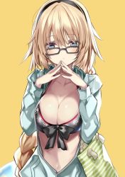 Rule 34 | 1girl, bikini, bikini top only, black-framed eyewear, black bikini, black bow, black hairband, blonde hair, blue eyes, blue jacket, bow, braid, braided ponytail, breasts, cleavage, fate/apocrypha, fate (series), front-tie bikini top, front-tie top, hair between eyes, hairband, highres, jacket, jeanne d&#039;arc (fate), jeanne d&#039;arc (ruler) (fate), jeanne d&#039;arc (swimsuit archer) (fate), jeanne d&#039;arc (swimsuit archer) (first ascension) (fate), large breasts, long hair, looking at viewer, open clothes, open jacket, print bikini, print bikini top, rectangular eyewear, shino (eefy), simple background, single braid, solo, swimsuit, upper body, very long hair, yellow background