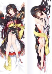 Rule 34 | 1girl, barefoot, bed sheet, bishoujo mangekyou, bishoujo mangekyou: kotowari to meikyuu no shoujo, bishoujo mangekyou (series), black hair, black kimono, breasts, cleavage, closed mouth, dakimakura (medium), floral print, flower, from above, green eyes, hair intakes, hair ribbon, hairband, japanese clothes, kimono, long hair, long sleeves, looking at viewer, lying, medium breasts, moeanime, navel, obi, on back, on side, open clothes, open kimono, parted lips, print kimono, red flower, red ribbon, red rose, renge (bishoujo mangekyou), ribbon, rose, sarashi, sash, smile, socks, solo, split screen, very long hair, white socks
