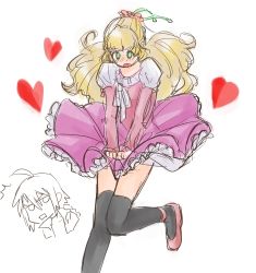 Rule 34 | 1boy, 1girl, ahoge, aqua eyes, blonde hair, blush, braid, breasts, claire bennett, dress, flower, heart, long hair, lowres, monochrome, open mouth, ribbon, shoes, tales of (series), tales of rebirth, thighhighs, veigue lungberg