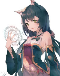Rule 34 | 1girl, absurdres, animal ear fluff, animal ears, black hair, breasts, brooch, cat ears, chinese commentary, commentary request, detached sleeves, dress, green eyes, highres, jewelry, karyl (princess connect!), long hair, long sleeves, low twintails, magic circle, medium breasts, mooofoo, multicolored hair, neck ribbon, parted lips, princess connect!, ribbon, signature, simple background, sleeveless, sleeveless dress, solo, streaked hair, twintails, upper body, white background