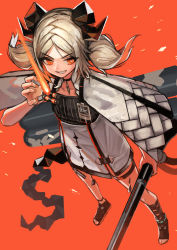 Rule 34 | 1girl, :d, arknights, black choker, black footwear, blonde hair, choker, commentary request, flamethrower, from above, full body, grin, high-waist skirt, highres, holding, horns, id card, ifrit (arknights), jewelry, kaneni, long hair, looking at viewer, looking up, low twintails, material growth, nail polish, open mouth, orange background, orange eyes, orange nails, oripathy lesion (arknights), parted bangs, pendant, shoes, simple background, skirt, smile, solo, standing, tail, teeth, thigh strap, toeless footwear, twintails, v-shaped eyebrows, weapon, white skirt