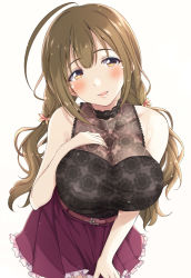 Rule 34 | 1girl, blush, breasts, brown eyes, brown hair, cleavage, hand on own chest, hitotsuki nanoka, idolmaster, idolmaster shiny colors, kuwayama chiyuki, large breasts, long hair, looking at viewer, open mouth, see-through, see-through cleavage, skirt, smile, solo, twintails