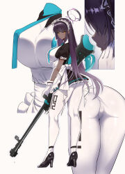 Rule 34 | 1girl, alba note019, ass, black hair, blue archive, breasts, brown eyes, cameltoe, comiket 101, commentary request, dark-skinned female, dark skin, gloves, halo, highres, holding, holding weapon, karin (blue archive), large breasts, long hair, looking at viewer, maid headdress, multiple views, pantyhose, weapon, white gloves, white pantyhose