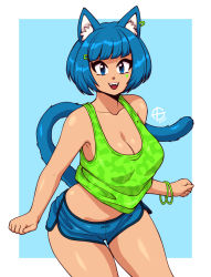 Rule 34 | 1girl, absurdres, animal ears, blue eyes, blue hair, blue shorts, blunt bangs, blush, bob cut, bracelet, breasts, cat ears, cat girl, cat tail, cleavage, collarbone, fangs, highres, jewelry, large breasts, looking at viewer, open mouth, original, short hair, shorts, smile, solo, taggo, tail, tank top, teeth, upper teeth only