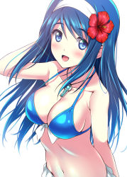 Rule 34 | 1girl, bikini, blue bikini, blue eyes, blue hair, breasts, cleavage, commentary request, flower, futaba aoi (vividred operation), hair flaps, hairband, hibiscus, highres, jewelry, key, medium breasts, necklace, nonbe, solo, swimsuit, upper body, vividred operation, white background, white hairband