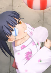 Rule 34 | 1girl, black hair, brown eyes, cotton candy, eating, eyepatch, from above, japanese clothes, kimono, kuku123, long hair, looking at viewer, looking up, ponytail, sakamoto mio, solo, strike witches, world witches series, yukata