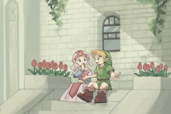 Rule 34 | 1boy, 1girl, belt, blonde hair, blue eyes, blue sleeves, boots, brick wall, brown belt, brown footwear, child, commentary request, dress, flower, green hat, green tunic, hat, highres, link, long dress, long sleeves, looking at another, nintendo, open mouth, outdoors, outstretched arms, pink dress, pointy ears, princess zelda, puffy long sleeves, puffy sleeves, red flower, red tulip, sitting, sitting on stairs, smile, stairs, talking, the legend of zelda, the legend of zelda: ocarina of time, tulip, two-tone dress, white dress, white headdress, window, yamori (yamoooon21), young link, young zelda