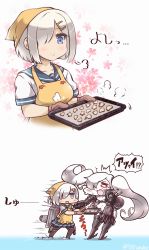Rule 34 | 10s, 2girls, :&gt;, abyssal ship, apron, art shift, baking sheet, bikini, bikini top only, black legwear, blue eyes, colored skin, comic, commentary request, cookie, food, gloves, gradient background, hair ornament, hair over one eye, hairpin, hamakaze (kancolle), highres, jacket, kantai collection, long hair, machinery, multiple girls, navel, open mouth, oven mitts, pantyhose, pleated skirt, red eyes, school uniform, serafuku, short hair, skirt, southern ocean oni, swimsuit, tanaka kusao, tenugui, translation request, twitter username, valentine, white hair, white skin
