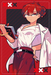 Rule 34 | 1girl, :&lt;, absurdres, belt, bespectacled, black background, black belt, blunt bangs, book, bracelet, colored eyelashes, cookie run, cowboy shot, double bun, dress shirt, framed, glasses, hair bun, hand on own hip, highres, holding, holding book, humanization, jacket, jacket on shoulders, jewelry, looking at viewer, official alternate costume, omoyu (nakyu715), pants, pomegranate cookie, red background, red eyes, red hair, red nails, red pants, semi-rimless eyewear, shirt, sleeves rolled up, solo, striped, striped background, v-neck, v-shaped eyebrows, white jacket, white shirt