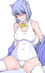 Rule 34 | 1girl, 2k-tan, blue eyes, blue hair, blush, bow, bowtie, breasts, cleavage, closed mouth, collarbone, covered navel, detached collar, eyelashes, eyes visible through hair, furrowed brow, glasses, hair between eyes, headgear, highres, large breasts, light blue hair, looking at viewer, nose blush, one-piece swimsuit, os-tan, pink lips, ruriwo (ruriwo1894), shiny skin, short hair, simple background, sitting, solo, sweat, swimsuit, taut clothes, taut swimsuit, thighhighs, thighs, undressing, white background, white one-piece swimsuit, white thighhighs, yellow bow, yellow bowtie