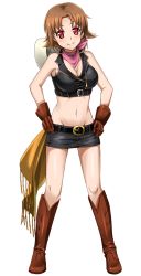Rule 34 | 1girl, bandana, bare shoulders, belt, black shorts, blush, boots, breasts, brown footwear, brown gloves, brown hair, cindy blackberry, cleavage, cowboy boots, full body, gloves, groin, hands on own hips, hat, knee boots, looking at viewer, midriff, navel, official art, parted bangs, patriarch xtasy, pink bandana, red eyes, short hair, short shorts, shorts, small breasts, smile, solo, standing, transparent background, unworn hat, unworn headwear, white hat