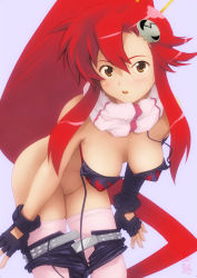 Rule 34 | 1girl, ass, bikini, bikini top only, blush, breasts, brown eyes, clothes pull, covered erect nipples, female focus, hair ornament, hanging breasts, highres, kobayashi yuji, large breasts, looking at viewer, no panties, open mouth, red hair, scarf, shorts, shorts pull, sidelocks, solo, swimsuit, tengen toppa gurren lagann, thighhighs, undressing, untied bikini, yoko littner