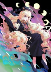Rule 34 | 1girl, 4317 (ac4882), @ @, absurdres, black background, black dress, black footwear, black headwear, blonde hair, breasts, chinese commentary, commentary request, crescent moon, dress, energy, full moon, highres, invisible chair, junko (touhou), long hair, looking at viewer, medium breasts, moon, moon phases, pom pom (clothes), red eyes, shoes, sitting, solo, tabard, touhou, wide sleeves