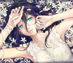 Rule 34 | 1girl, aqua eyes, armpits, bandaged arm, bandages, black hair, buttons, commentary request, dress, field, flower, flower field, flower request, from above, hair between eyes, half-closed eyes, lips, long hair, looking at viewer, looking up, lying, nuwanko, on back, original, parted lips, short sleeves, solo, wavy hair, white dress