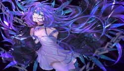 Rule 34 | 1girl, absurdres, blue eyes, blue hair, chocolate4170615, choker, dress, facing to the side, highres, jacket, long hair, long sleeves, looking to the side, multicolored hair, open mouth, original, purple hair, sky, solo, star (sky), starry sky, thighhighs, very long hair, white dress
