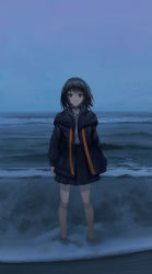 Rule 34 | 1girl, black eyes, black hair, choker, closed mouth, full body, highres, iranon (new iranon), jacker, long sleeves, looking at viewer, ocean, original, outdoors, shore, short hair, skirt, solo, standing, water