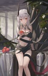 Rule 34 | 1girl, absurdres, apple, arknights, bikini, black bikini, blush, breasts, demon girl, demon horns, feet out of frame, food, fruit, grey hair, hair ornament, hallo (rltkdydrltk), highres, holding, holding food, holding fruit, horns, jewelry, large breasts, long hair, looking at viewer, mudrock (arknights), mudrock (silent night) (arknights), navel, necklace, official alternate costume, pointy ears, red eyes, sitting, smile, solo, swimsuit