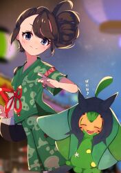 Rule 34 | 1girl, absurdres, alternate eye color, backpack, bag, blue eyes, breasts, brown hair, child, chousatou, clenched hand, closed eyes, creatures (company), eyebrows hidden by hair, eyelashes, game freak, gen 9 pokemon, hand up, happy, highres, huge filesize, japanese clothes, japanese text, jinbei (clothes), juliana (pokemon), long hair, looking at another, mask, musical note, neck, night, night sky, nintendo, official alternate costume, official alternate hairstyle, ogerpon, outdoors, pokemon, pokemon (creature), pokemon sv, short sleeves, shorts, side ponytail, side slit, sidelocks, size difference, sky, small breasts, smile, standing, summer festival, swept bangs, traditional clothes, translation request, turning head, unworn mask, wide sleeves