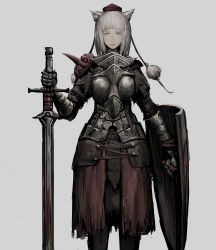 Rule 34 | 1girl, absurdres, alternate costume, alternate weapon, animal ears, armor, blunt bangs, cape, chainmail, closed mouth, epaulettes, expressionless, gauntlets, googerm, greatsword, grey background, half-closed eyes, hat, highres, holding, holding shield, holding sword, holding weapon, inubashiri momiji, lips, looking at viewer, mask, mask on shoulder, nose, pale color, pale skin, pink eyes, planted, planted sword, planted weapon, plate armor, pom pom (clothes), red cape, shield, short hair, simple background, solo, straight hair, sword, tail, tengu mask, tokin hat, touhou, two-handed sword, upper body, waist cape, weapon, white hair, wolf ears, wolf tail, zweihander