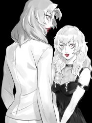 Rule 34 | 2girls, anagosamaeru, black background, breasts, character request, cleavage, devilman, devilman crybaby, dress, fishnets, from behind, greyscale, jacket, large breasts, lips, lipstick, long hair, long sleeves, looking at viewer, looking back, makeup, medium hair, monochrome, multiple girls, parted lips, profile, psycho jenny, red lips, red lips, simple background, sleeveless, sleeveless dress, spot color, v arms, wide-eyed