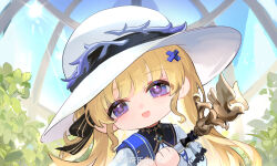 1girl :d absurdres black_bow black_collar blonde_hair blue_sky bow chibi chibi_only chinese_commentary collar commentary_request day hair_bow hair_ornament hat highres holding holding_staff indoors long_hair looking_at_viewer open_mouth phoebe_(wuthering_waves) portrait purple_eyes sky smile solo staff striped_bow white_hat wuthering_waves x_hair_ornament yuden6969