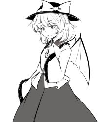 Rule 34 | 1girl, :d, bat wings, blouse, bow, cosplay, fang, female focus, finger to mouth, ganmaganmo, greyscale, hat, hat bow, komeiji koishi, komeiji koishi (cosplay), long skirt, long sleeves, looking at viewer, monochrome, open mouth, remilia scarlet, shirt, short hair, simple background, skirt, slit pupils, smile, solo, touhou, white background, wide sleeves, wings