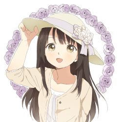Rule 34 | 1girl, :d, bad id, bad pixiv id, brown eyes, brown hair, cardigan, female focus, floral background, flower, hand on headwear, happy, hat, hat flower, long hair, looking at viewer, open mouth, original, rose, shizuko (chipccchip), smile, solo, sweater, upper body