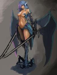 Rule 34 | 1girl, absurdres, animal ears, b.b, blood, blood on face, blue hair, breasts, cleavage, dragon ears, dragon girl, dragon wings, dual wielding, gauntlets, hair over one eye, highres, holding, large breasts, long hair, looking at viewer, monster girl, navel, nose, original, pasties, pink eyes, showgirl skirt, solo, spikes, sword, thighhighs, weapon, wings
