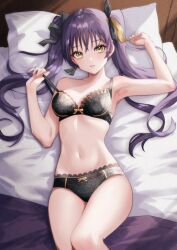 Rule 34 | 1girl, armpits, assault lily, bare arms, bare shoulders, bed, black bra, black panties, black ribbon, blanket, bow, bow bra, bow panties, bra, breasts, commentary, cowboy shot, hair between eyes, hair ribbon, hair spread out, hands up, hishida haru, houji tea latte, indoors, lace, lace-trimmed bra, lace-trimmed panties, lace trim, light smile, long hair, looking at viewer, lying, medium breasts, navel, on back, on bed, panties, parted lips, pillow, pulled by self, purple hair, ribbon, solo, stomach, strap pull, symbol-only commentary, twintails, underwear, underwear only, yellow bow, yellow eyes