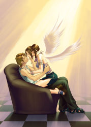 Rule 34 | 1boy, 1girl, angel wings, bracelet, braid, brown hair, chair, couple, holding hands, hetero, imminent kiss, jewelry, long hair, pencil skirt, ponytail, sandals, sitting, sitting on lap, sitting on person, skirt, tattoo, wings