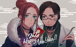 Rule 34 | 1boy, 1girl, 2020, ?, adapted costume, alternate hairstyle, animification, apex legends, black choker, black eyes, black hair, choker, crumbs, crypto (apex legends), earrings, eating, facepaint, green kimono, hair behind ear, hair bun, happy new year, heart, highres, holding, holding paintbrush, iyo (nanaka-0521), japanese clothes, jewelry, kimono, looking at viewer, looking to the side, mila alexander, mole, mole above eye, multicolored hair, necklace, new year, orange hair, paintbrush, parted hair, purple hair, purple kimono, single hair bun, smile, streaked hair