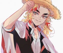 Rule 34 | 1boy, black jacket, blonde hair, cape, closed mouth, colored tips, demon slayer uniform, dress shirt, forked eyebrows, hand on headwear, hand up, hat, highres, jacket, kimetsu no yaiba, long sleeves, looking at viewer, male focus, medium hair, mobichi, multicolored hair, open clothes, open jacket, red eyes, red hair, rengoku kyoujurou, shirt, simple background, smile, solo, straw hat, streaked hair, sweat, upper body, white background, white cape, white shirt, yellow eyes