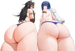 Rule 34 | 2girls, ahoge, arm strap, armlet, ass, ass focus, back, bare shoulders, black gloves, black hair, black panties, blonde hair, blue eyes, blue hair, blue panties, blush, bob cut, breasts, commentary, crossed bangs, dangle earrings, dehya (genshin impact), diagonal bangs, earrings, elbow gloves, english commentary, feather-trimmed jacket, fendai, from behind, from below, genshin impact, gloves, green eyes, hair between eyes, hair ears, hair intakes, highres, huge ass, jacket, jacket on shoulders, jewelry, large breasts, long hair, looking at viewer, looking back, multicolored hair, multiple girls, panties, short hair, single earring, streaked hair, thick thighs, thighs, two-tone hair, underwear, wedgie, white background, white gloves, white jacket, yelan (genshin impact), yellow pupils