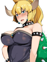 Rule 34 | 1girl, :o, arm at side, armlet, bare shoulders, black dress, blonde hair, blue eyes, blush, borrowed design, bowsette, bracelet, breasts, collar, commentary request, covered navel, crown, dress, earrings, fang, hai ookami, hair between eyes, highres, horns, jewelry, large breasts, mario (series), new super mario bros. u deluxe, nintendo, ponytail, revision, shell, simple background, solo, spiked armlet, spiked bracelet, spiked collar, spikes, standing, super crown, upper body, white background