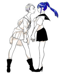 Rule 34 | 2others, alternate costume, androgynous, artist request, blue hair, boots, cairngorm (houseki no kuni), clothes around waist, contemporary, face-to-face, full body, grey hair, houseki no kuni, lapis lazuli (houseki no kuni), leaning forward, long hair, looking at another, multiple others, phosphophyllite, phosphophyllite (ll), ponytail, sailor collar, school uniform, short hair, skirt, sleeves rolled up, smile, spoilers, sweater, sweater around waist, white background