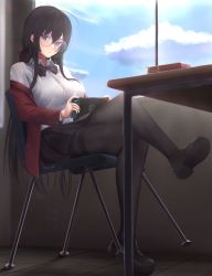 Rule 34 | 1girl, absurdres, ahoge, azur lane, black bow, black bowtie, black footwear, black hair, black skirt, blue sky, blush, bow, bowtie, breasts, chair, closed mouth, cloud, collared shirt, crossed legs, day, desk, dress shirt, eko.art, expressionless, full body, glasses, hair between eyes, hair ribbon, handheld game console, highres, holding, holding handheld game console, huge ahoge, indoors, jacket, large breasts, legs, loafers, long hair, looking at viewer, nintendo switch, off shoulder, official alternate costume, on chair, open clothes, open jacket, pantyhose, pleated skirt, red jacket, red ribbon, ribbon, round eyewear, school uniform, shirt, shoes, sidelocks, sitting, skirt, sky, solo, straight hair, taihou (azur lane), taihou (sweet time after school) (azur lane), thighband pantyhose, very long hair, white shirt, window