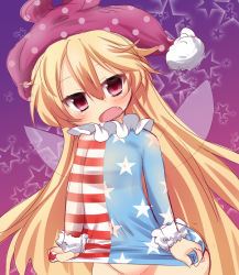Rule 34 | 1girl, american flag dress, blonde hair, bottomless, clothes lift, clownpiece, cowboy shot, dress, dress lift, fairy wings, fang, groin, hat, jester cap, long hair, long sleeves, looking at viewer, muuba, neck ruff, open mouth, out-of-frame censoring, pink eyes, polka dot, solo, star (symbol), star print, touhou, two-tone stripes, very long hair, wings