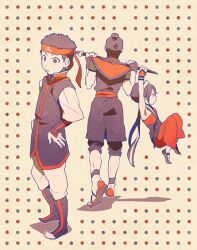 Rule 34 | 1girl, 2boys, aang, anger vein, armpits, arms up, avatar: the last airbender, avatar legends, boots, brown background, brown eyes, brown footwear, brown hair, brown shorts, full body, hachimaki, headband, holding, holding sword, holding weapon, japanese clothes, multiple boys, over shoulder, polka dot, polka dot background, shadow, sheath, sheathed, short hair, shorts, sokka, standing, sword, t k g, toph bei fong, topknot, weapon, weapon over shoulder
