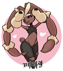 Rule 34 | 1other, arms up, black sclera, border, colored sclera, commentary, creatures (company), furry, game freak, gen 4 pokemon, gigobyte350, heart, korean text, looking at viewer, looking down, lopunny, mega lopunny, mega pokemon, nintendo, parted lips, pink background, pink eyes, pokemon, pokemon (creature), round border, solo