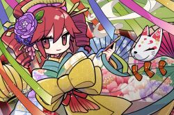 Rule 34 | 1girl, alternate costume, bow, closed mouth, colorful, commentary request, drill hair, dutch angle, floral print, flower, fox mask, furisode, hair flower, hair ornament, hair stick, hand up, holding, holding smoking pipe, japanese clothes, kanzashi, kasane teto, kimono, kiseru, lantern, layered clothes, layered kimono, looking at viewer, mask, unworn mask, multicolored clothes, multicolored kimono, nihongami, obi, paper lantern, print kimono, purple flower, red eyes, red hair, red nails, sash, sideways glance, smile, smoking pipe, solo, streamers, twin drills, upper body, utau, wide sleeves, yellow bow, yoshiki