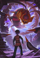 Rule 34 | blue hair, building, clenched hand, creatures (company), cyrus (pokemon), distortion world, facing away, game freak, gen 4 pokemon, giratina, giratina (origin), glowing, glowing eyes, highres, horns, house, legendary pokemon, long sleeves, mcgmark, nintendo, pants, pokemon, pokemon dppt, pokemon platinum, rock, rooftop, spiked hair, spikes, spiral, standing, team galactic, team galactic logo, white eyes, windmill