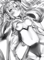Rule 34 | 1girl, ahoge, bad id, bad twitter id, blush, breasts, breasts apart, cameltoe, clitoris, closed mouth, copyright request, covered clitoris, framed breasts, greyscale, hair between eyes, hair ornament, highres, long hair, looking at viewer, medium breasts, monochrome, nanashi (nlo), navel, nipples, pussy, smile, solo, twintails