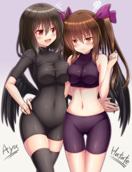 Rule 34 | 2girls, :d, :t, asymmetrical docking, bare shoulders, bike shorts, black hair, black legwear, black wings, blush, bodysuit, breast envy, breast press, breasts, brown hair, character name, closed mouth, collarbone, covered navel, cowboy shot, grey background, hair between eyes, hand on own hip, himekaidou hatate, impossible clothes, long hair, looking down, medium breasts, midriff, multiple girls, navel, open mouth, oubou, pout, red eyes, shameimaru aya, simple background, smile, squiggle, standing, taut clothes, thigh gap, thighhighs, touhou, twintails, wings, yellow eyes