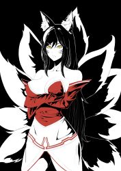 Rule 34 | 1girl, absurdres, ahri (league of legends), animal ears, arms under breasts, bare shoulders, black background, black hair, breasts, cdb (10footah), cleavage, collarbone, cowboy shot, crossed arms, dress, facial mark, fang, fox ears, fox girl, fox tail, hair between eyes, highres, korean clothes, kyuubi, large breasts, league of legends, long hair, monochrome, multiple tails, pout, red dress, short dress, slit pupils, solo, spot color, tail, vastaya, very long hair, whisker markings, yellow eyes