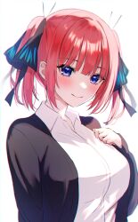 Rule 34 | 1girl, absurdres, black cardigan, black ribbon, blue eyes, blush, breasts, butterfly hair ornament, cardigan, closed mouth, collared shirt, commentary request, eyelashes, go-toubun no hanayome, hair between eyes, hair ornament, hair ribbon, hand up, highres, kurosaki coco, large breasts, long sleeves, looking at viewer, medium hair, nakano nino, open cardigan, open clothes, red hair, ribbon, shirt, sidelocks, simple background, smile, solo, twintails, upper body, white background, white shirt, wing collar