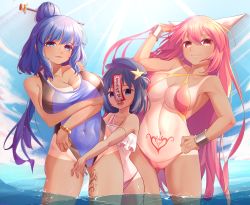 Rule 34 | 3girls, absurdres, armpits, arms under breasts, bikini, blue eyes, blue hair, bracelet, bracer, breasts, cabbie hat, cameltoe, collarbone, commentary request, frilled bikini, frills, ha kang, hair bun, hair ornament, hair stick, hat, heart, heart tattoo, highres, horns, ibaraki kasen, jewelry, kaku seiga, korean commentary, large breasts, leg tattoo, long hair, miyako yoshika, multiple girls, navel, ofuda, one-piece swimsuit, open mouth, outstretched arms, pink bikini, pink hair, pubic tattoo, red eyes, short hair, single hair bun, slingshot swimsuit, small breasts, star (symbol), stitches, stomach tattoo, sunlight, swimsuit, tan, tanline, tattoo, teeth, touhou, translation request, very long hair, water, zombie pose