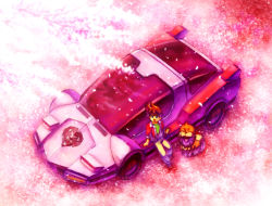 Rule 34 | 1990s (style), 1boy, alternate form, bad id, bad pixiv id, blue eyes, brown hair, car, cherry blossoms, drive ume, exkaiser, from above, hoshikawa kouta, leaning back, male focus, mario (yuusha exkaiser), motor vehicle, on vehicle, open mouth, pink theme, retro artstyle, sitting, solo, tongue, vehicle, vehicle focus, yuusha exkaiser, yuusha series