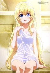 Rule 34 | 10s, 1girl, absurdres, bathhouse, bathing, blonde hair, blue eyes, blush, goblin slayer!, highres, igawa norie, indoors, long hair, looking at viewer, megami magazine, naked towel, official art, open mouth, priestess (goblin slayer!), shiny skin, sitting, smile, solo, steam, towel, very long hair, wet, white towel