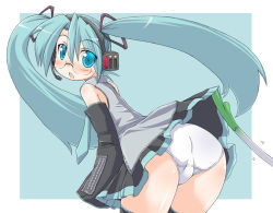 Rule 34 | 1girl, aqua necktie, ass, bare shoulders, bent over, bespectacled, black thighhighs, blouse, blue eyes, blue hair, blush, clothes lift, collared shirt, detached sleeves, glasses, grey shirt, hair between eyes, hair ribbon, hatsune miku, headset, long hair, looking back, matching hair/eyes, naitou, naitou kouse, necktie, open mouth, outside border, panties, ribbon, shirt, skirt, skirt lift, sleeveless, sleeveless shirt, solo, spring onion, thighhighs, twintails, underwear, vocaloid, white panties